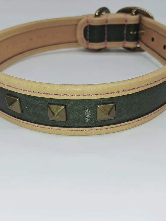 Coach Green and Natural Leather Dog Collar with Brass Medallion - Picture 3 of 9